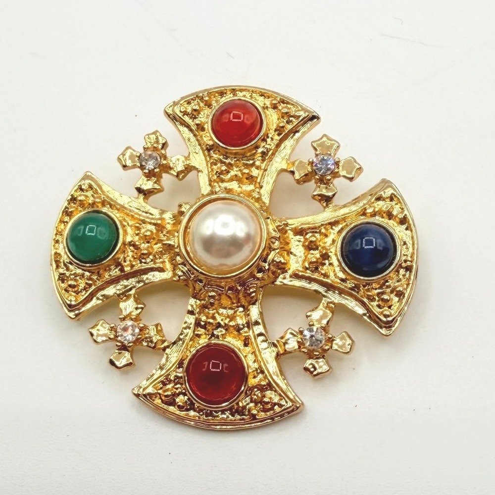Unbranded Maltese Cross Brooch Women Gold Tone Multi-Stone Excellent Regal Boho